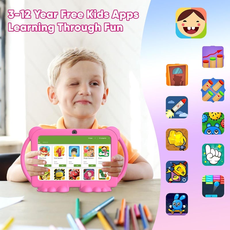 HOTTABLET Kids Tablet 7 inch Android 12, 4GB RAM 32GB ROM, 512GB Expandsion, with Parental Control, WiFi, Bluetooth, Dual Camera with Silicone Case, 1PCS(Pink) - Image 3